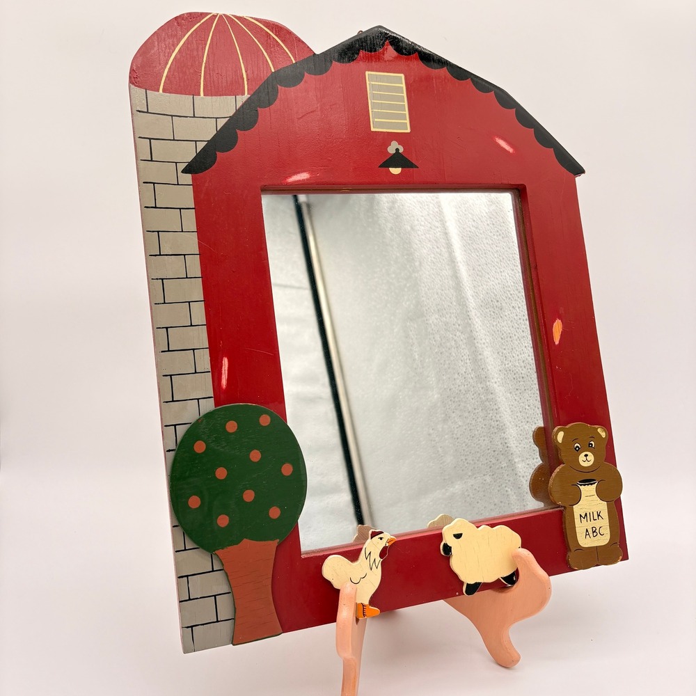 Vintage Red Barn Wood Mirror Farmhouse Nursery Decor Animal Folk Art Wall Mount